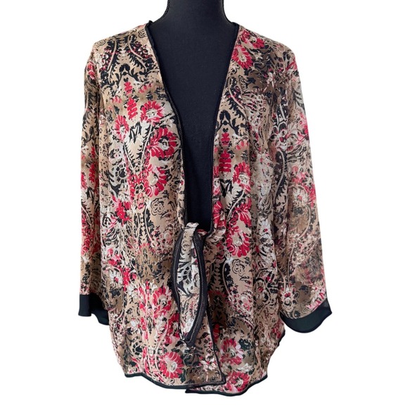Chico's Sweaters - Chicos Red Black Paisley Floral Tie Front Sheer Cardigan Top Size 3 XL Office